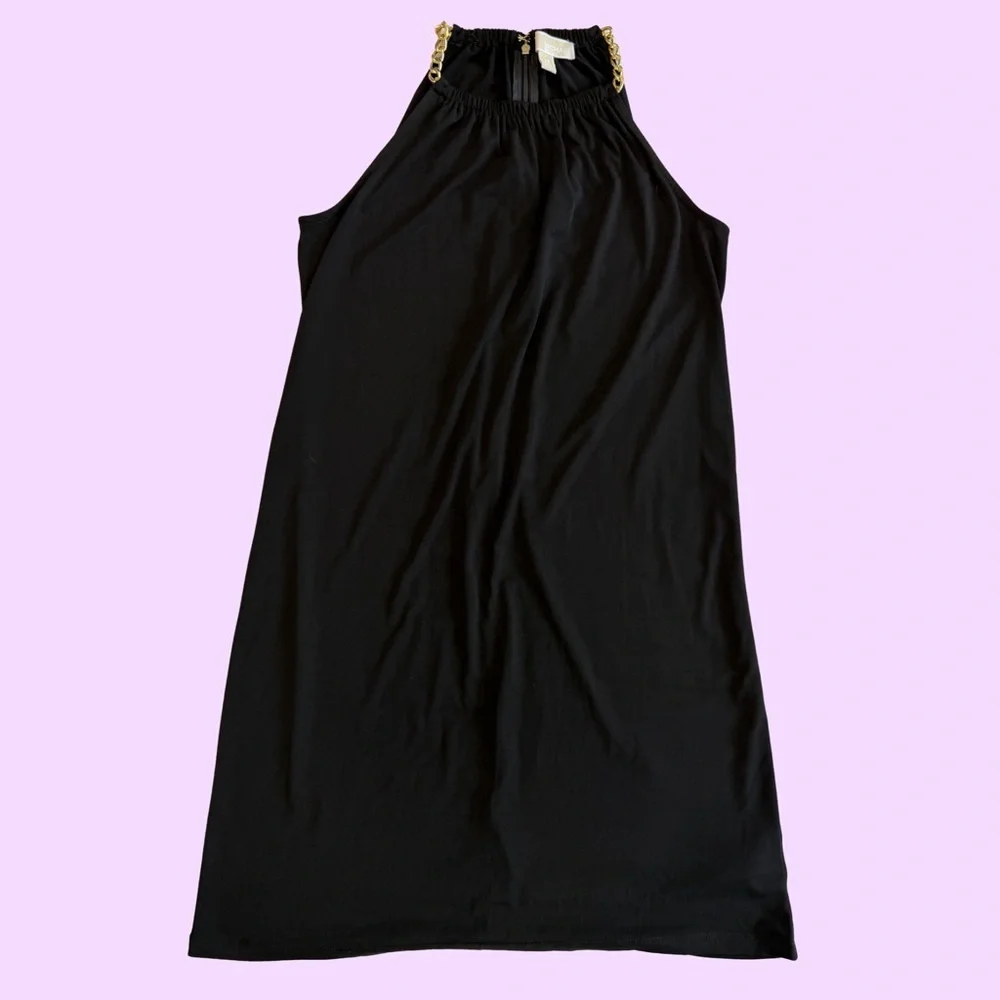 Michael Kors Black Halter Dress with Gold Chain Strap